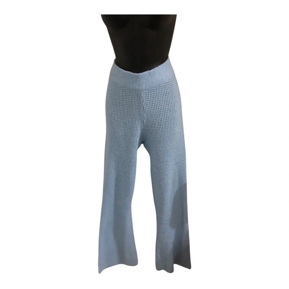 Blue crochet sweater knit style wide leg cozy loungewear pants size medium new‎